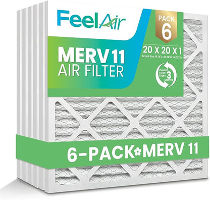 20x20x1 Air Filter – 6 Pack, MERV 11 Pleated HVAC & Furnace Filter, by Feelair