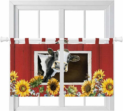 Cows Sunflowers Kitchen Curtains 24 Inch Length, Small Window Curtains Tab Top by Unknown