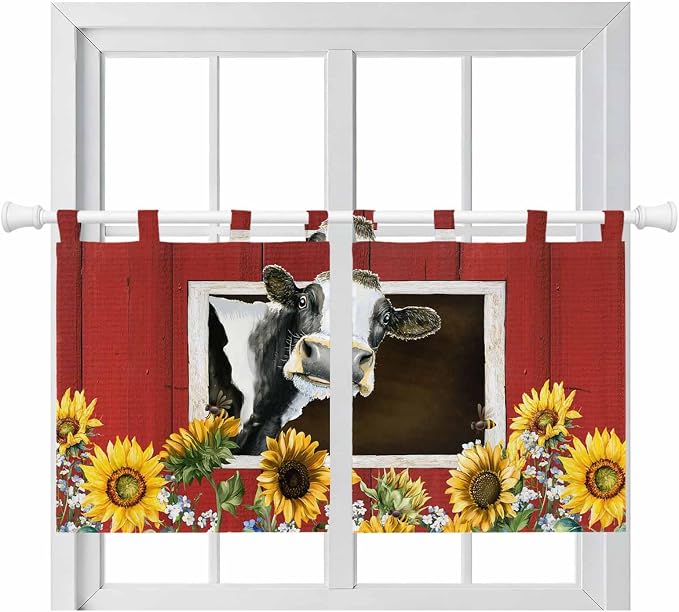 Cows Sunflowers Kitchen Curtains 36 Inch Length, Small Window Curtains Tab Top by Unknown