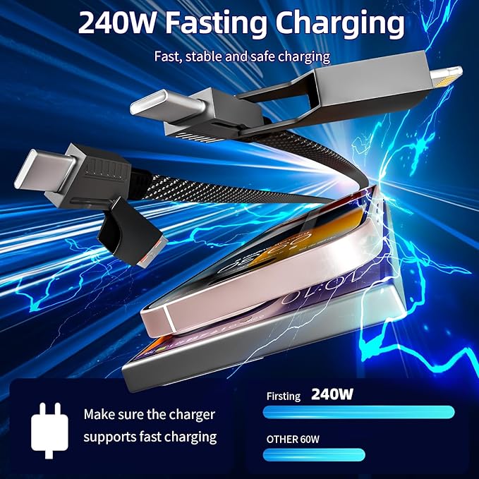 Firsting 4 in 1 Charging Cable 240W MAX, USB C Cable Fast Charger Cord with E-Mark Chip, USB A/C to C/Lightning Cable, Multi iPhone Charger Cord for iPhone16/15/14/13 Series/Phones/Pads and Laptop
