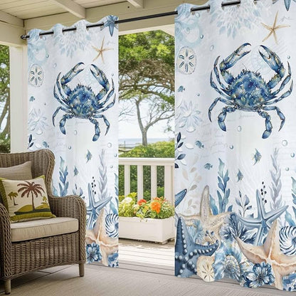 Oceans Outdoor Curtains for Patio Crabs Marine Life Shell Starfish Blue - Image 5