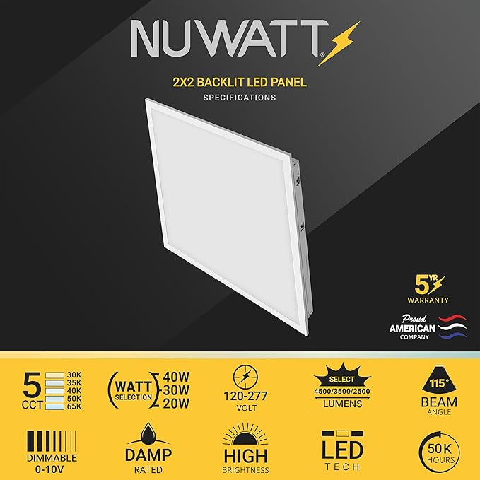 NUWATT 20 Pack 2x2 LED Flat Panel Lighting, Drop Ceiling Light Wattage Selectable 40W/30W/20W, 5CCT 3000K/3500K/4000K/5000K/6500 Suspended Ceiling LED Lights, 4400LM, Dimmable 0-10V, 120-277V, ETL