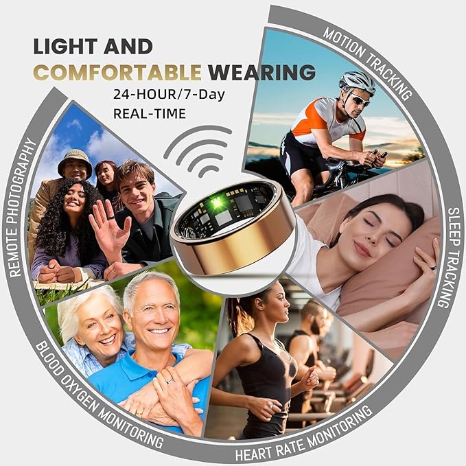 Smart Ring for Women Men, Health Tracker with Heart Rate/Blood Oxygen/Blood Pressure/Sleep Monitor/Step Counting, IP68 Waterproof Fitness Ring, No App Fees (Rose Gold, 10#)