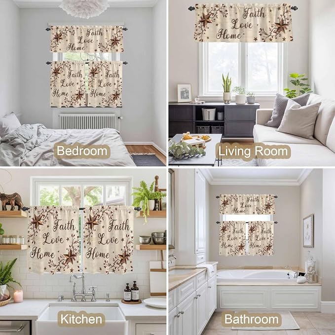 Kitchen Curtains Tiers and Valance Set of 3, Retro Country Stars Rustic - Image 7