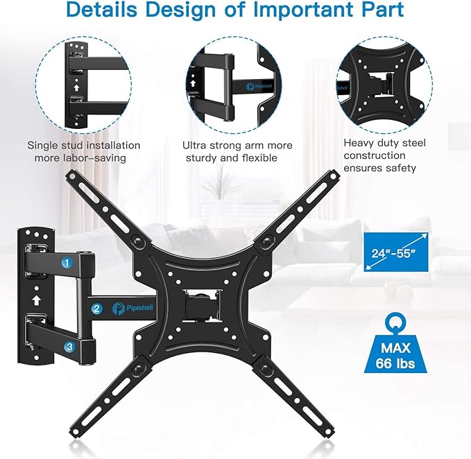 Full Motion TV Wall Mount Bracket Articulating Arms Swivels Tilts Extension for Most 24-55 Inch LED LCD Flat Curved Screen TVs, Max VESA 400x400mm up to 66lbs by Pipishell