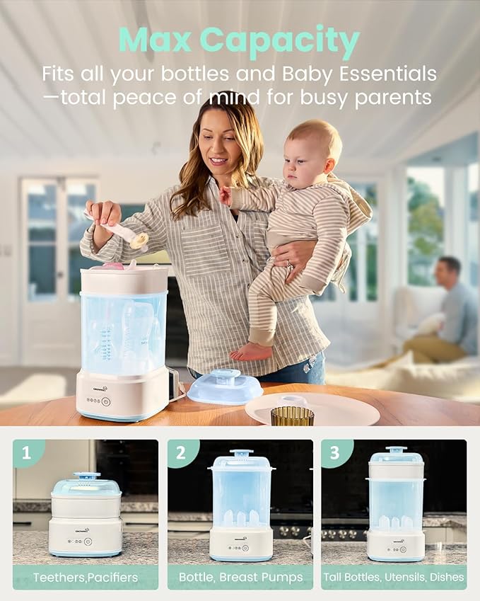 Bottle Sterilizer and Dryer, Compact Electric Steam Baby Bottle Sterilizer (Esterilizador de Biberones), Bottle Sanitizer for Baby Bottles, Pacifiers, Pump Parts Blue