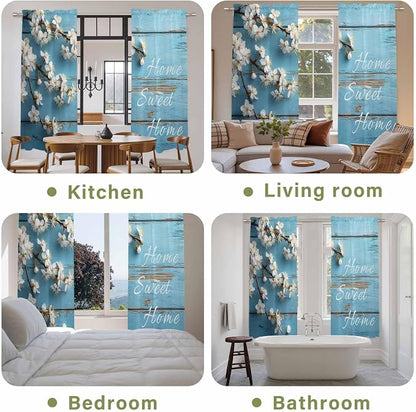 Farmhouse Wooden Grain Kitchen Curtains, Vintage Shabby Chic Flower Blue Light - Image 8