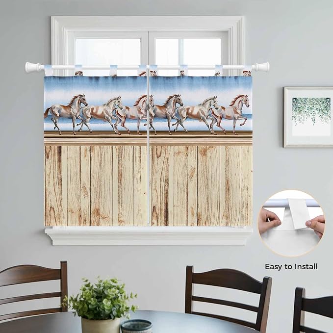 Western Horse Kitchen Curtains 45 Inch Length, Short Cafe Window Curtains Tab - Image 4
