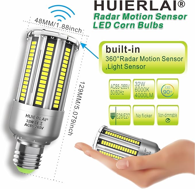 Radar Motion Sensor LED Light Bulbs, 32W Daylight White 6000K 4000LM (300W Equivalent) Auto Motion Detector Activated Dusk to Dawn Light for Stairway, Hallway, Porch, Garage, Driveway, Patio, 2 Pack