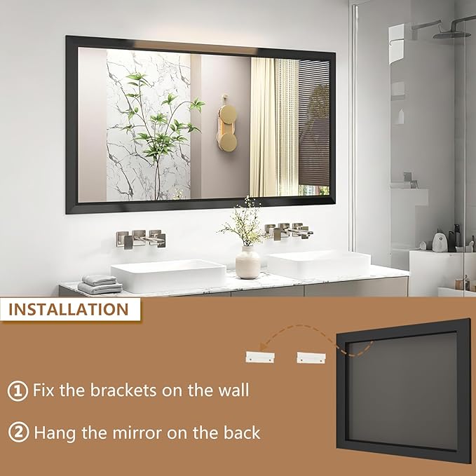 SMIROR Matte Black Bathroom Mirror for Over Sink 60x 36 inch, Metal Thick Frame Rectangle Vanity Mirror for Wall, Anti-Rust, Horizontally or Vertically Mounted