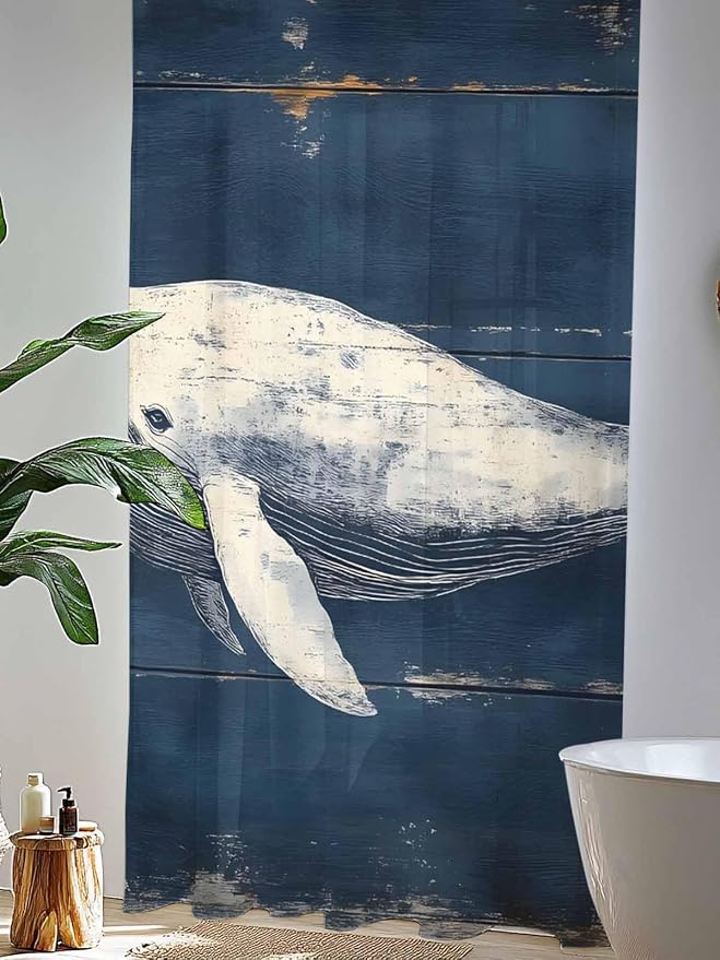 Sheer Curtains 84 Inches Long, Ocean Vintage Whale Semi Sheer Curtains Light - Image 4
