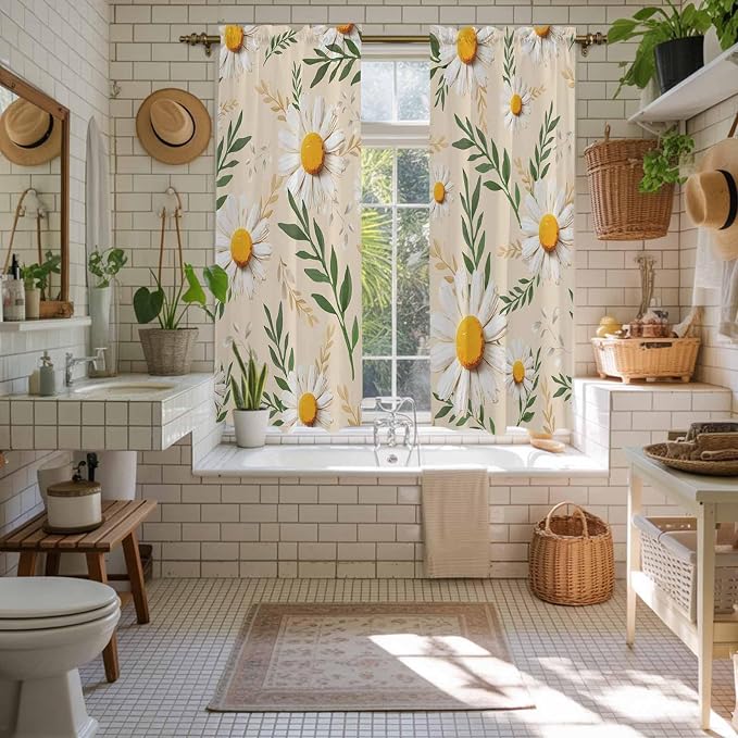 Spring Daisy Kitchen Curtains, Country Watercolor Flower Leaf Plant Light - Image 5