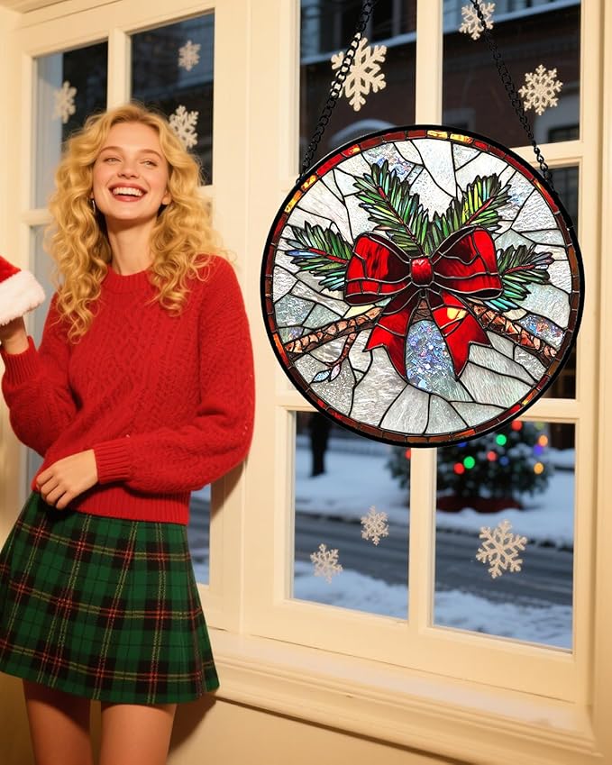 DASTOLL Stained Glass Window Hanging - Pine Branches Red Bow Suncatcher for Doors Home Christmas Decoration Silver Sun Catcher Thanksgiving New Year Birthday Gifts for Women Men Mom Nana 11.8 in