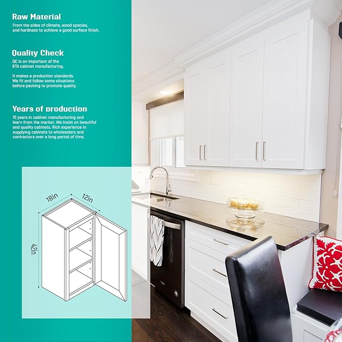 Wall Kitchen Cabinets, RTA Cabinets, White Shaker Cabinet, Wall Mounted, RTA Upper Cabinet, Modern for Kitchen and Bathroom with Door (White, 18" W x 42" H x 12" D)