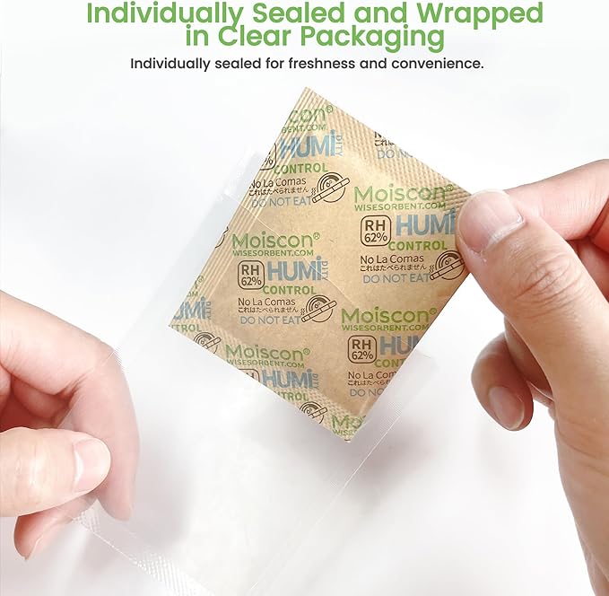 Wisesorb 60 Pack 62% RH 8 Gram Two-Way Humidity Control Packs for Storing 1 oz Herb, Size 8 Moisture Control Packets Individually Wrapped