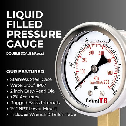 Glycerin-Filled Pressure Gauge, Brass Internal 2-Inch Gauge, Stainless Steel - Image 5