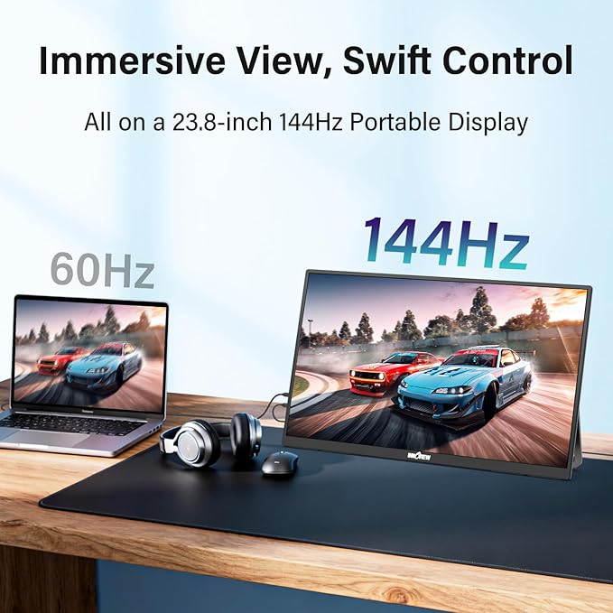 InnoView Large Portable Monitor 23.8inch FHD 1080P 144Hz USB-C, HDMI Computer Display HDR 100% sRGB IPS Gaming Monitor W/180°Adjustable DC Eyes Care Stand for Laptop PC MAC Phone PS4 Xbox Switch