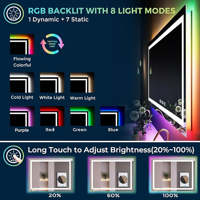 YEELAIT 36x30 Inch RGB LED Bathroom Mirror Front Light and RGB Backlit Lighted Vanity Mirror for Bathroom Wall Mounted Dimmable Anti Fog Memory Shatter-Proof IP54 Waterproof Horizontal/Vertical