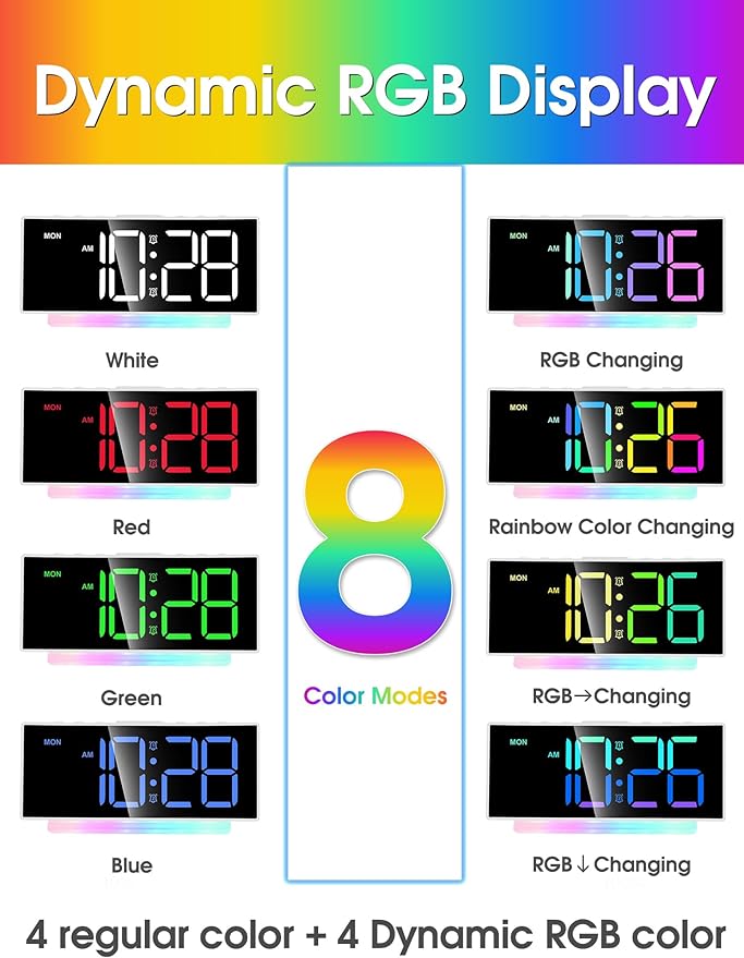 Cadmos Extra Loud Alarm Clock for Heavy Sleepers Adults,Teens,Kids,Rainbow Clock for Bedrooms,Small Bedside Digital Clock with Large Display,7 Color Night Light,12/24h(Black+Dynamic)