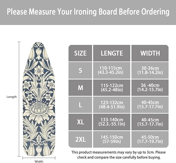 ZCFYGDX William Morris Floral Ironing Board Cover Decor, Resist Scorching & Staining, Easy Install Resistant Elastic Edges,3 Nylon Buckle Fasteners Straps,Relaxing Breathable Ironing Experience 2XL