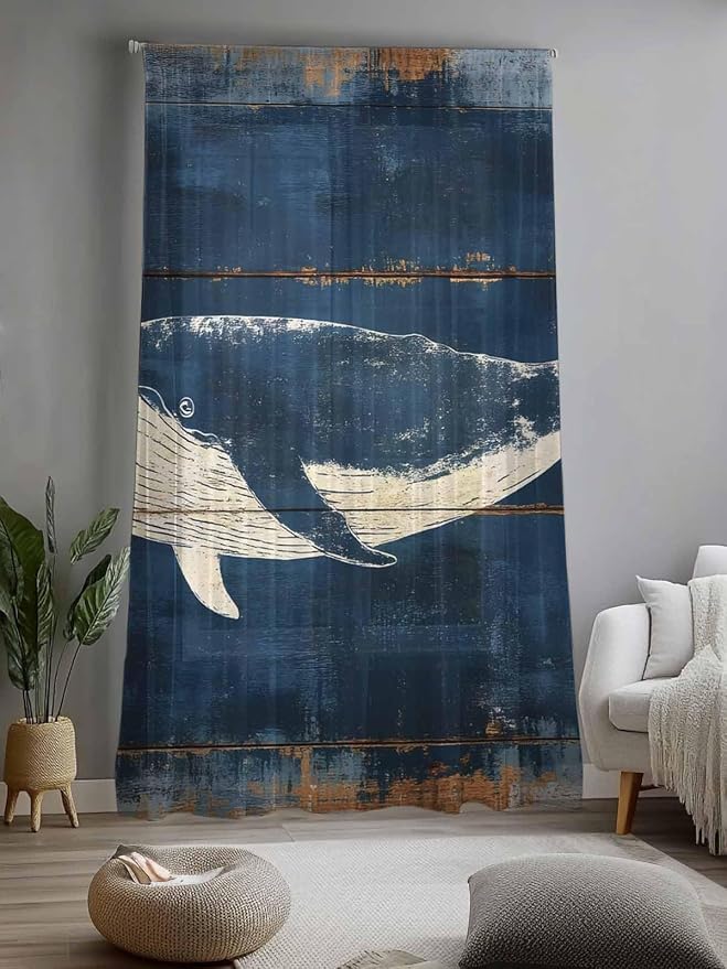 Sheer Curtains 96 Inches Long, Summer Whale Blue Semi Sheer Curtains Light - Image 2