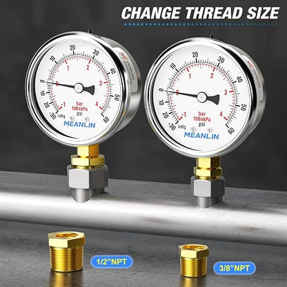 MEANLIN MEASURE -30inHG~60Psi Vacuum Gauge Stainless Steel 1/4" NPT 2" FACE - Image 3