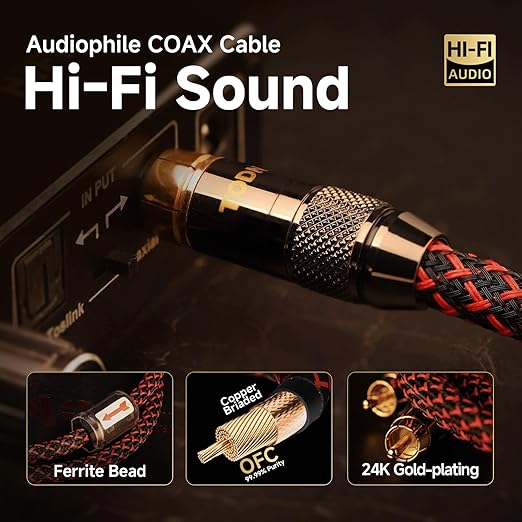 TODN Audiophile Digital Coaxial Cable OFC Core HiFi SPDIF Coax Audio Cable 75-Ohm RCA Male to Male for Subwoofer, TV, Apm (4.9ft /1.5m)