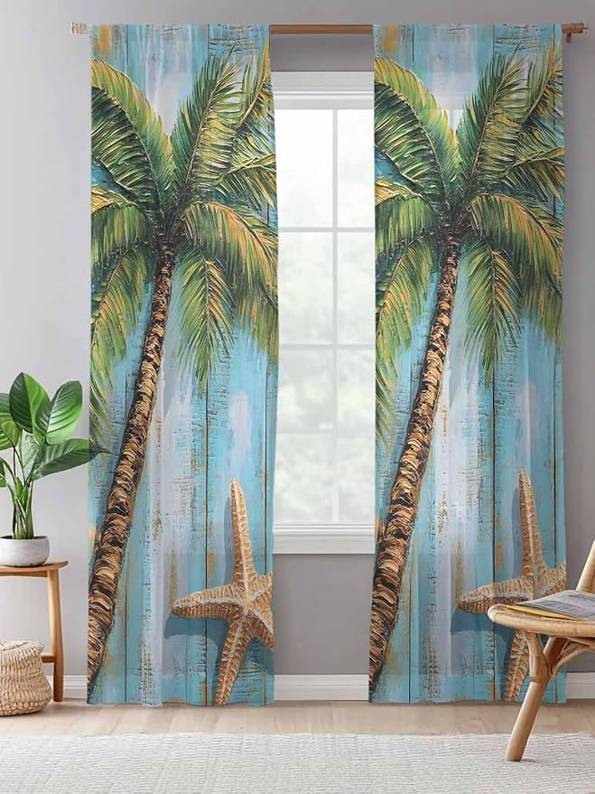 Sheer Curtains 84 Inches Long, Coastal Beach Tree Semi Sheer Curtains Light - Image 5