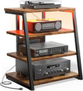 Besiost AV Media Stand with Outlets, Media Console with LED Lights, Stereo Racks and Stands with Storage Shelves, Media Audio Tower Cabinet, Rustic Brown