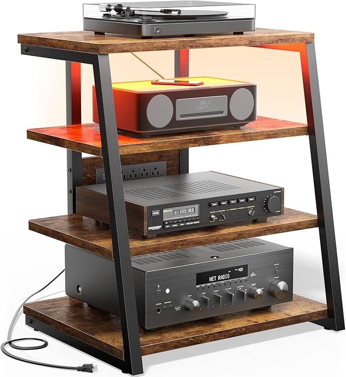 Besiost AV Media Stand with Outlets, Media Console with LED Lights, Stereo Racks and Stands with Storage Shelves, Media Audio Tower Cabinet, Rustic Brown