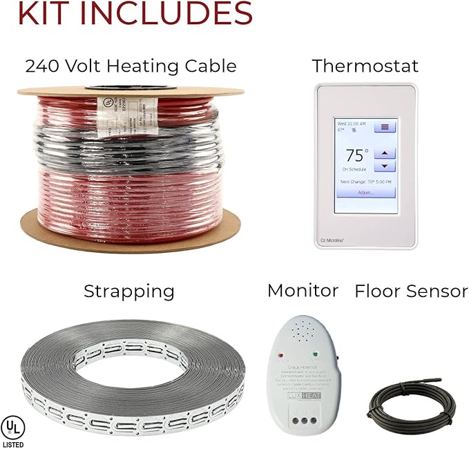 LuxHeat 70sqft Floor Heating Cable Kit - 240v In Floor Electric Heater Kit - Heated Flooring System Includes UDG4 Programmable Thermostat w/GFCI, Heating Cable, Strapping, Flooring Sensor & Alarm