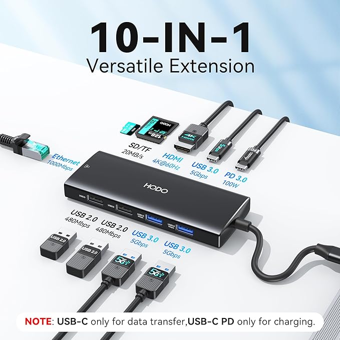 USB C Hub Multiport Adapter, 10-in-1 Laptop USB C Docking Station for Dell/HP Laptop, Type C Dock to 4K HDMI,Ethernet,100W PD,3USB 3.0, 2USB 2.0, SD/TF, Thunderbolt Dock for MacBook, Surface, Lenovo
