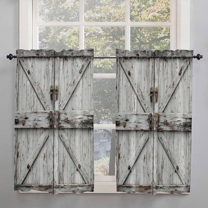 Vintage Gate Kitchen Curtains 45 Inches length, Farmhouse Wooden Grain Shabby - Image 2