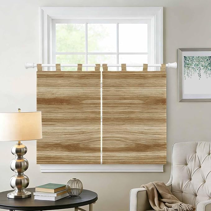 Light Brown Wood Grain Kitchen Curtains 45 Inch Length, Short Cafe Window - Image 2