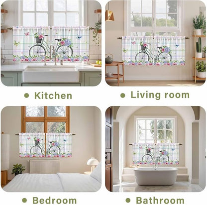 Spring Tier Curtains, Bicycles Botanical Leaves Rose Colorful Stripes Light - Image 8