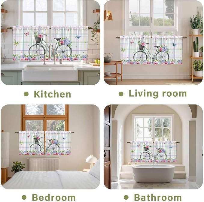 Spring Tier Curtains, Bicycles Botanical Leaves Rose Colorful Stripes Light - Image 8