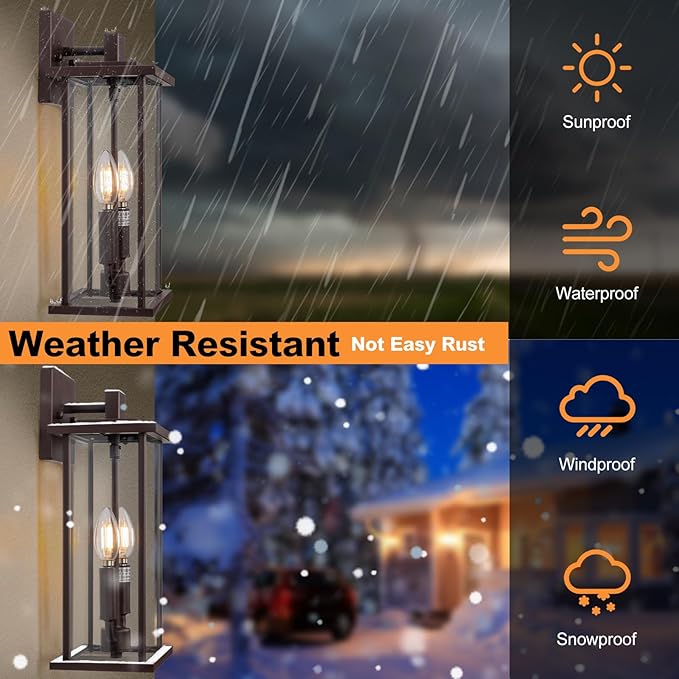 SIAFAVOI 2-Pack 16" Large Outdoor Wall Light Fixtures, 2-Light Exterior Front Porch Light, Brushed Outdoor Sconce Lights, Waterproof Farmhouse Lamp Lighting (Bronze, 16in No Sensor)