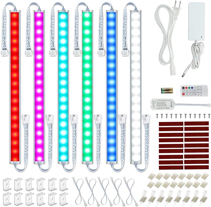 Under Cabinet LED Lights Kit. RGB Color Changing & Super Bright White Lighting. Dimmable with Remote. 6 pcs Linkable LED Light Strips with Power Supply, Extension Cords. Plug in. Max 24W. RGB + 5000K.