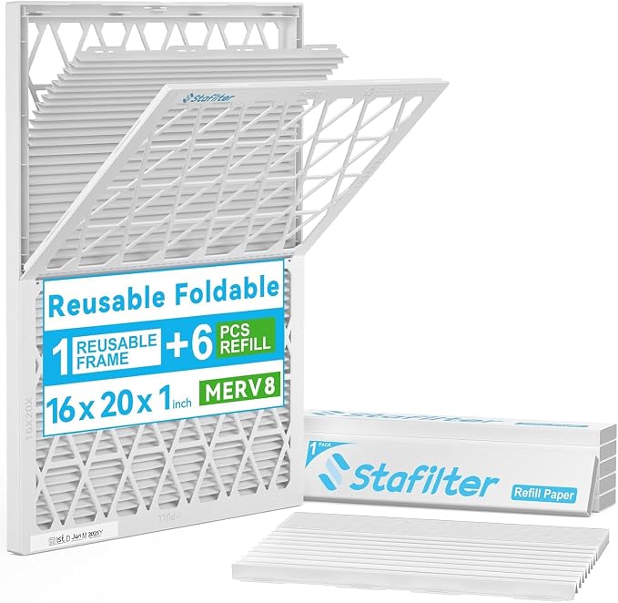 Reusable 16x20x1 Air Filter, 1 Foldable Frame + 6 Refills by Stafilter