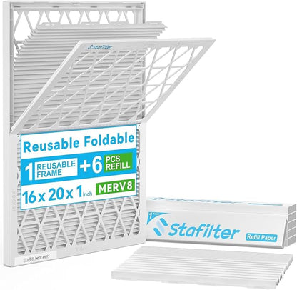 Reusable 16x20x1 Air Filter, 1 Foldable Frame + 6 Refills by Stafilter