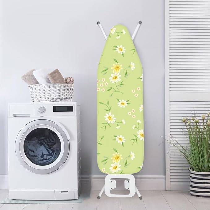 ZCFYGDX Fresh White Daisy Print Ironing Board Cover, Resist Scorching & Staining, Easy to Install Resistant Elastic Edges, 3 Nylon Buckle Straps Fasteners, Protective Scorch Cloth Covers Size-L