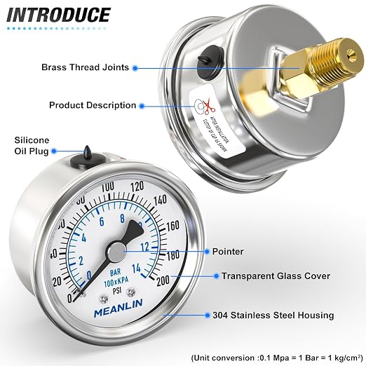 MEANLIN MEASURE 0~200Psi Dry Pressure Gauge Stainless Steel 1/4" NPT 2" FACE - Image 4