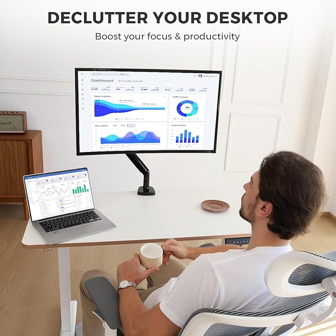 Curved Monitor Mount Single Arm Holds to 28.6 lbs, Ultrawide Monitor Stand for 35" Screens, C-Clamp & Grommet Base, +90° to-45° Tilt,180°Swivel,360° Rotation,VESA 75x75 or 100x100mm,for Curved/Flat