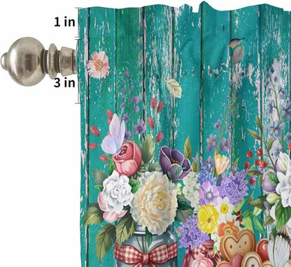Spring Flowers Kitchen Curtain Set, Farmhouse Watercolor Teal Wood Grain Window - Image 5