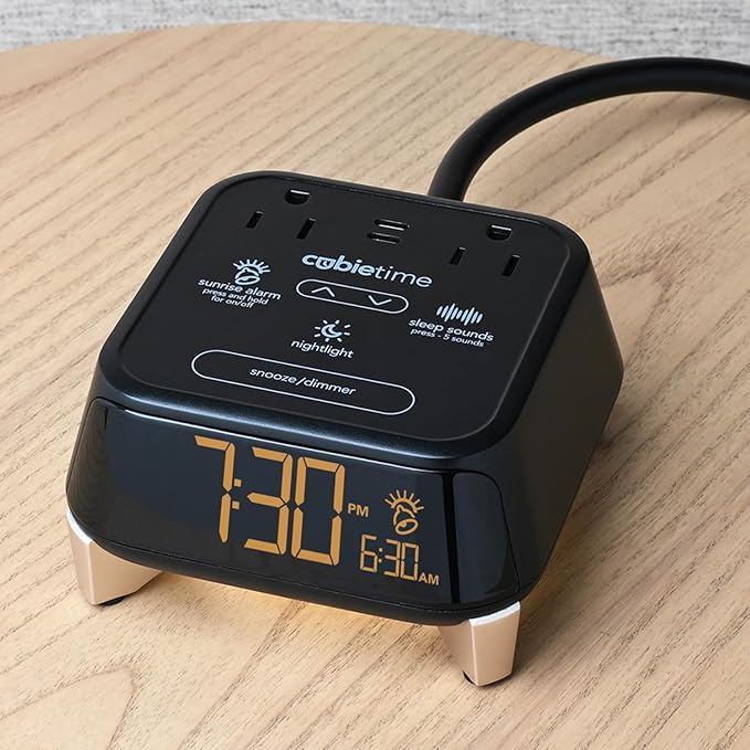 Brandstand CubieTime Zen | Alarm Clock Charger with White Noise and Sunrise Alarm | 2 USB-C Ports | 2 Tamper Resistant Outlets | Night Light