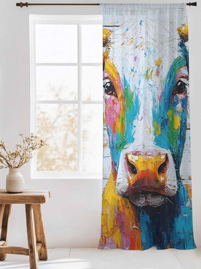 Sheer Curtains 84 Inches Long, Funny Colorful Cow Semi Sheer Curtains Light - Image 3