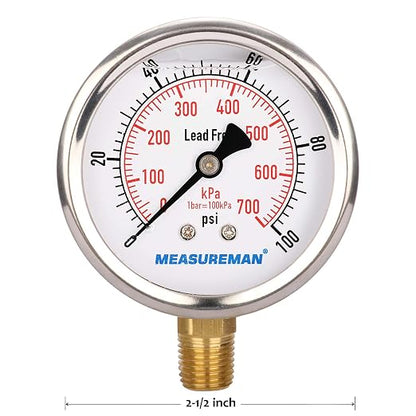 MEASUREMAN Lead-Free Pressure Gauge, 2-1/2inch Dial, Glycerin Filled, - Image 3