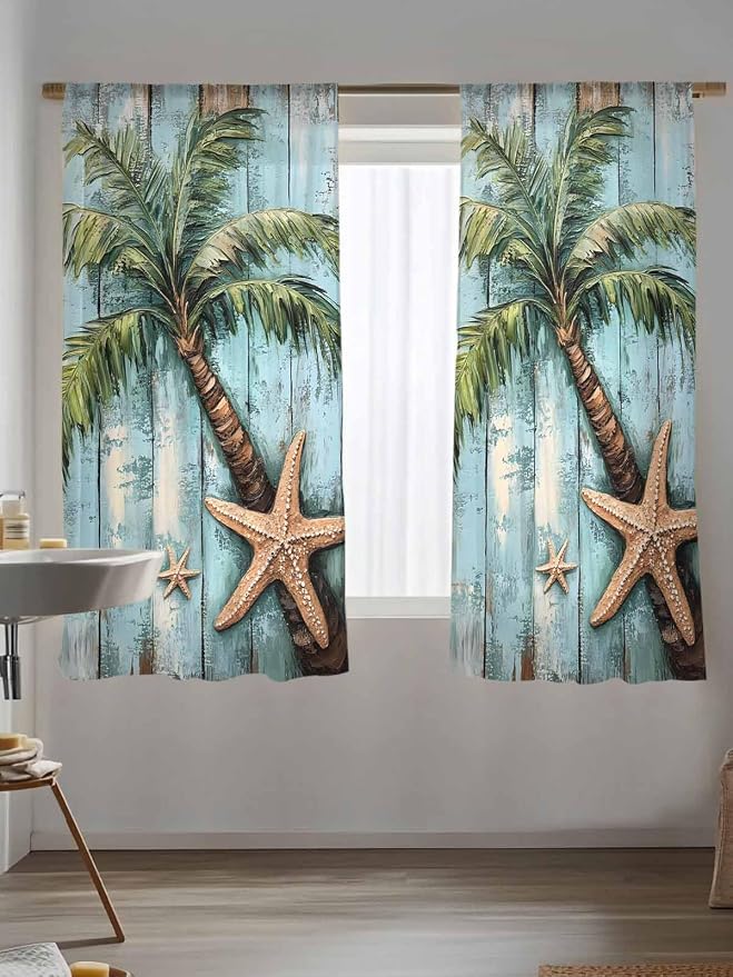 Sheer Curtains 72 Inches Long, Coastal Blue Green Tree Semi Sheer Curtains - Image 5
