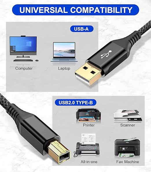 sweguard Printer Cable 10ft 2-Pack, USB Printer Cord USB 2.0 Type A Male to B Male Cable Scanner Cord High Speed Compatible with HP,Canon,Dell,Epson,Brother,Lexmark,Xerox,Samsung and Piano,DAC-Black