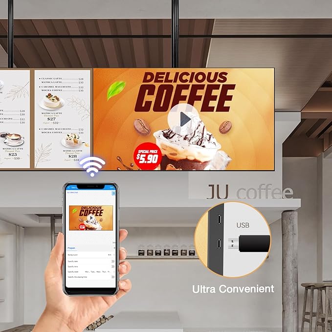 Canlarriz Digital Signage Display 100 inch Wall Mount Digital Menu Board for Restaurants and Stores Advertising Screen 500 nits Ultra-High Brightness 4KUHD Free Web Content Editor Android 4GB + 64GB